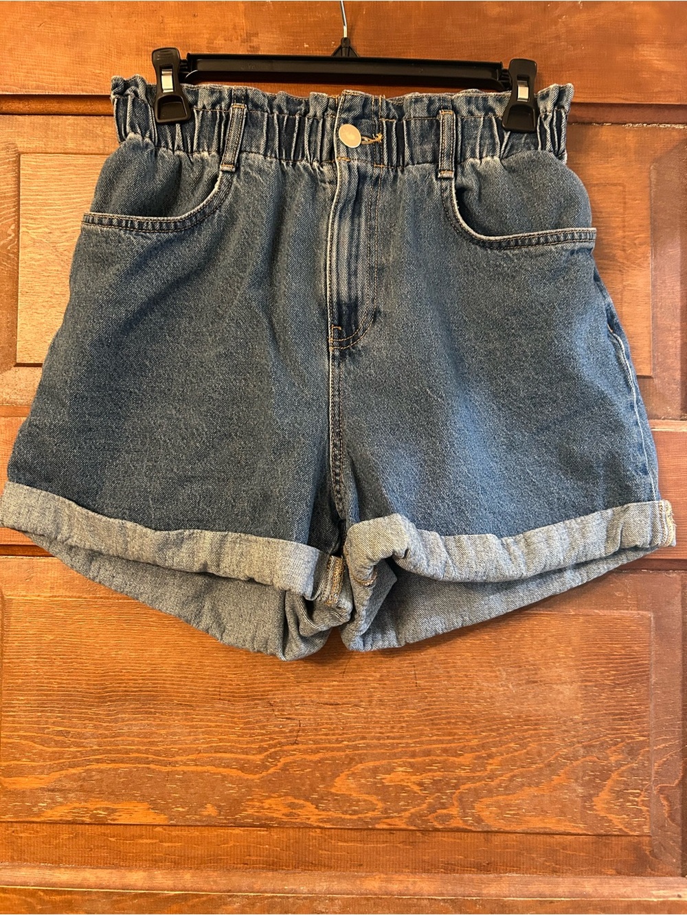 H&M Paperbag Waist Rolled Hem Denim Shorts - Blue